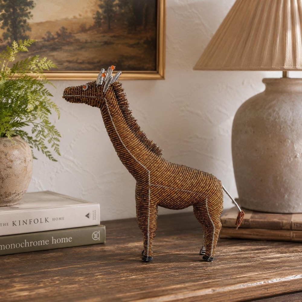 South African Beaded Wire Giraffe Sculpture - Zulu Folk Art Animal Figurine